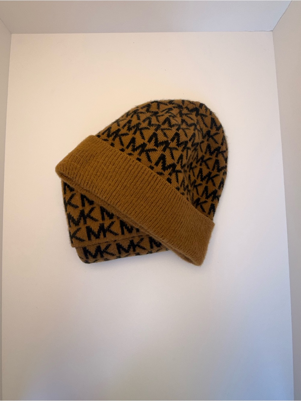 Michael Kors MK Logo Fold-Over Beanie in Brown and Black